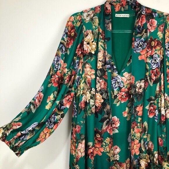 Alice + Olivia Merrilee Floral Tie V Neck Long Sleeve Mini Dress Green R… - Picture 5 of 11